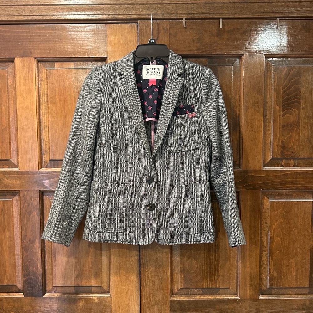 Scotch & Soda Girls Sz 14 Wool Blend Herringbone Tweed Blazer Jacket Pink Floral - Picture 2 of 10